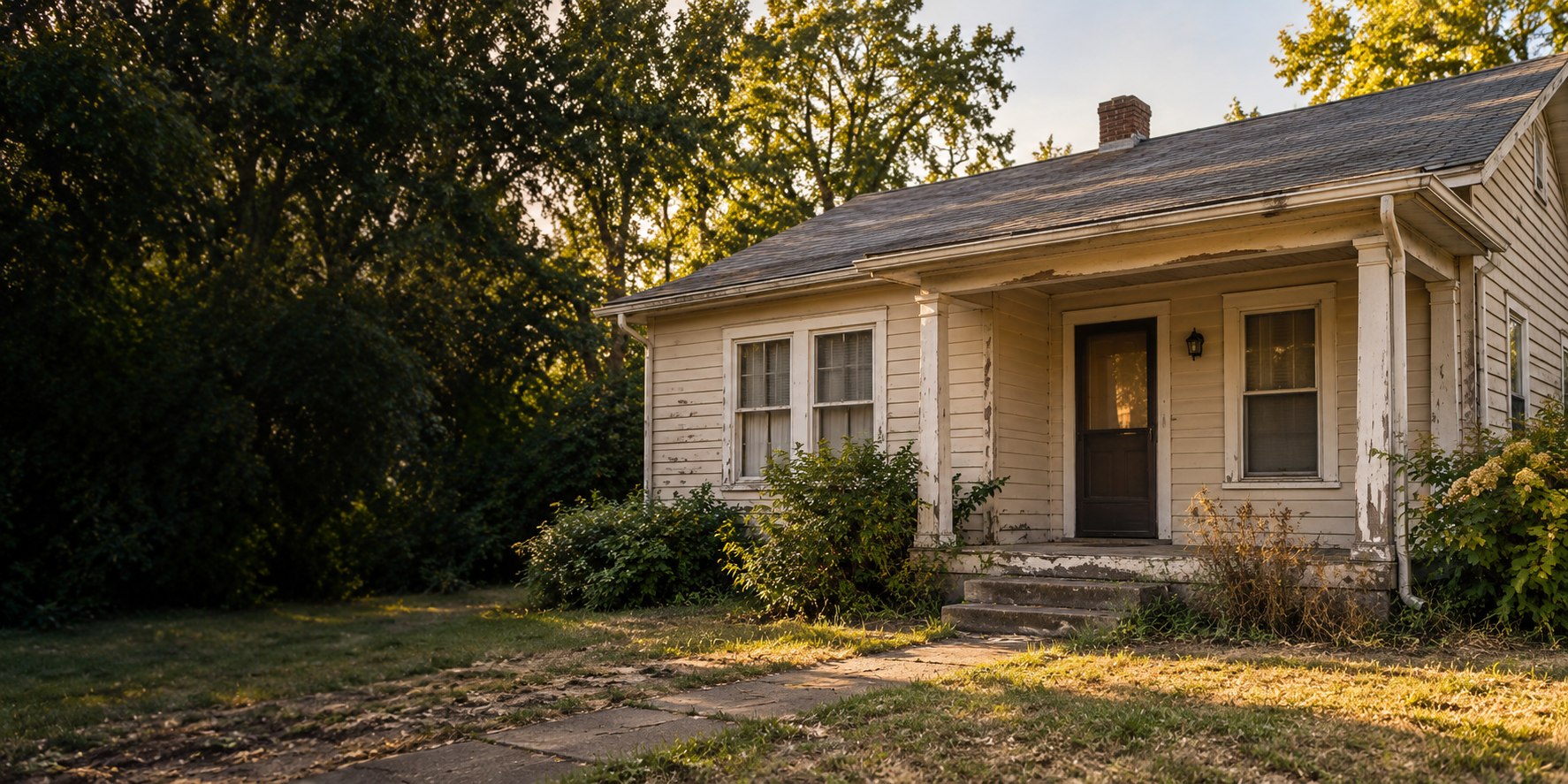 AI-generated illustration of a modest fixer-upper with peeling siding and worn porch; not an SC purchase